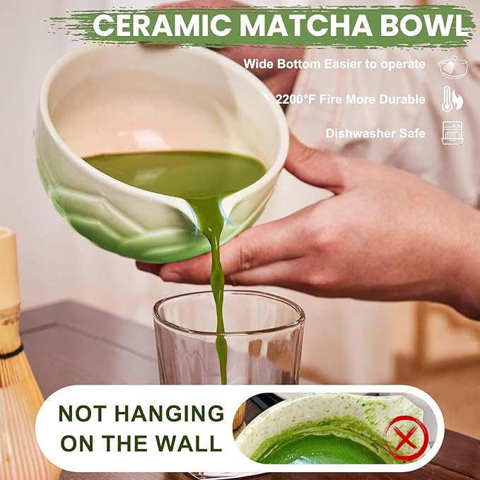 Matcha Whisk Set, Lotus Gradient Green Ceramic Matcha Set Includes Matcha Bowl, Matcha Whisk (Chasen) and Holder, Sifter, Bamboo Scoop & Spoon - 6 Pcs Matcha Kit for Matcha Lovers
