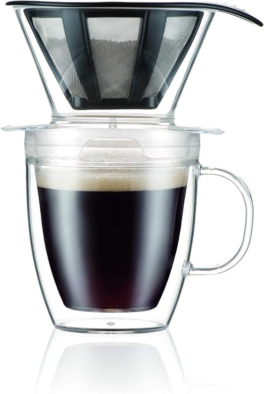 Bodum 12oz Pour Over Coffee Dripper Set w/Double Wall Mug and Reusable Permanent Filter, Plastic, BPA-Free, Clear