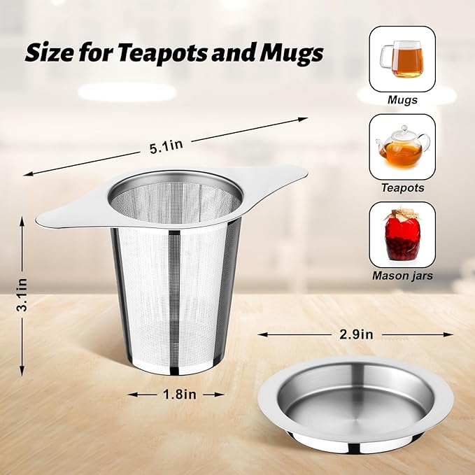 Loose Leaf Tea Infuser with Lid Set of 2, Ultra-Fine Mesh Tea Strainer, Large Capacity, Double Handles, Can be Hung on Teapot, Cup, Gift for Tea Lovers