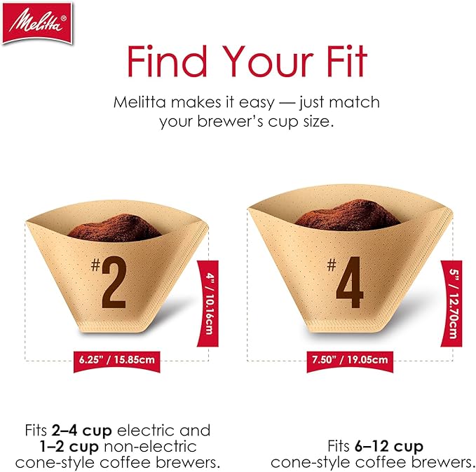 Melitta #2 Cone Coffee Filters, Natural Brown, 100 Count - Fits all 2-6 Cup Cone Coffee Makers and 1-cup Pour-Over Brewers, Compostable, Tear-Resistant, Made in USA