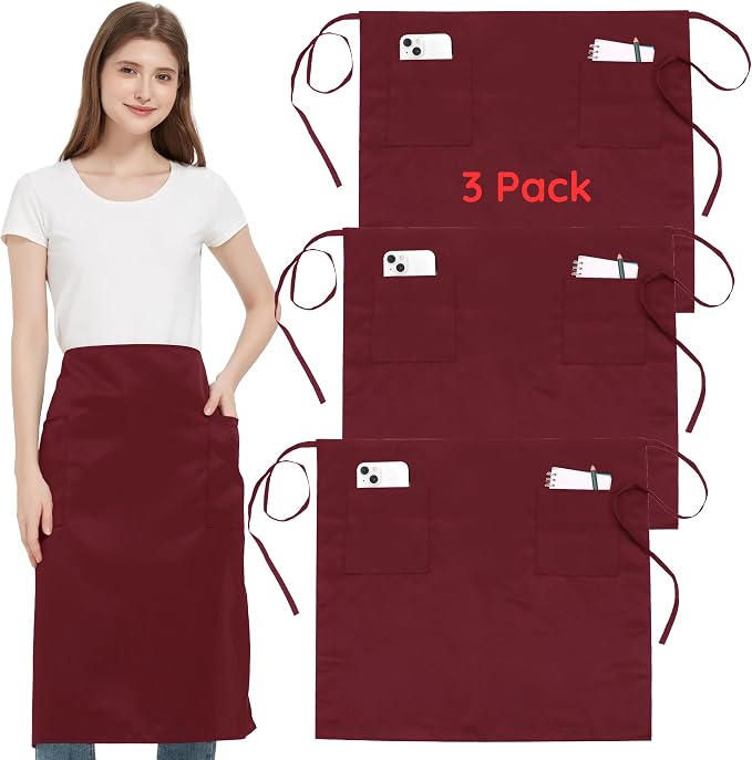 3 Pack Waist Apron with 3 Pockets, Unisex Black Waiter Aprons, Water Resistant Server Aprons for Restaurant Chef Bar by FunChaos