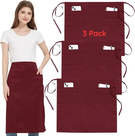 3 Pack Waist Apron with 3 Pockets, Unisex Black Waiter Aprons, Water Resistant Server Aprons for Restaurant Chef Bar by FunChaos