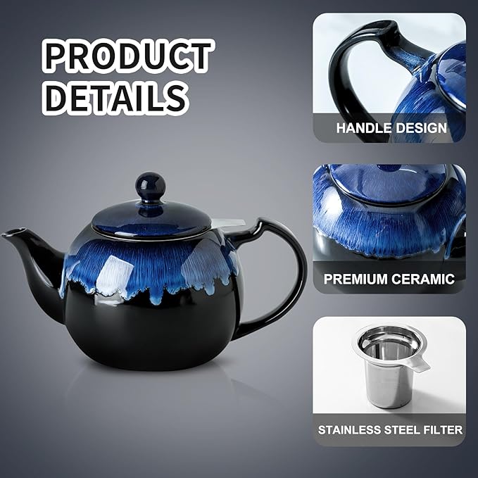 KOOV Tea Pot with Infuser for Loose Tea, 34OZ Ceramic Teapot with Infuser, Enough For 6 Cups, Tea Pots with Tea Strainers for Tea Party, Reactive Glaze (Nebula Blue)