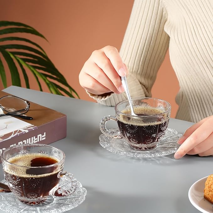 Glass Teacups and Saucers Set of 6, Vintage Coffee Mugs with Stainless Steel Spoon, Dishwasher & Microwave Safe Teacups for Espresso Cappuccino Latte Tea Juice, 7OZ/210ML, Clear