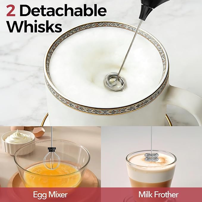 YARRAMATE Electric Milk Frother Wand, Fast Rechargeable Coffee Mixer with 2 Heads 3 Speeds, Handheld Drink Stirrer, Whisk Foam Maker for Lattes, Cappuccino, Matcha, Hot Chocolate (Black)