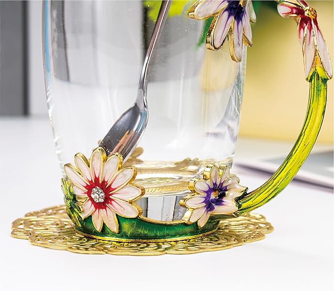 Flower Tea Cup ,Daisy Flower Clear Glass Fancy Coffee Mug with Spoon,Gift Box for Her Mom Wife Grandma Girls Friends Valentines Christmas Birthday Present Idea for Juice,Hot And Cold Drinks Use