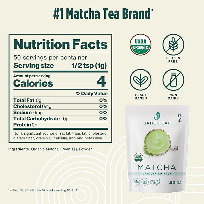 Jade Leaf Matcha Organic Barista Blend Ceremonial Grade Matcha Green Tea Powder - 100% Pure Japanese First Harvest Green Tea for Lattes from Uji and Kagoshima, 50g / 1.76 Ounce (Pack of 1)