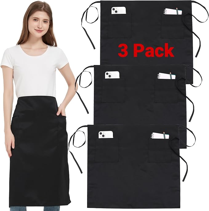 3 Pack Waist Apron with 3 Pockets, Unisex Black Waiter Aprons, Water Resistant Server Aprons for Restaurant Chef Bar by FunChaos