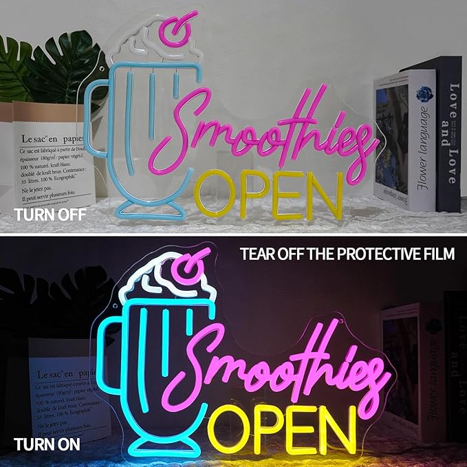 Smoothies Open Neon Sign Dimmable Frozen Fruit Smoothie Neon Light Sign for Business Bar Decor Letters Ice Cream Led Signs for Beverage Dessert Shop Party Pub Cafe Room Decor Gift 16.5" x 10"