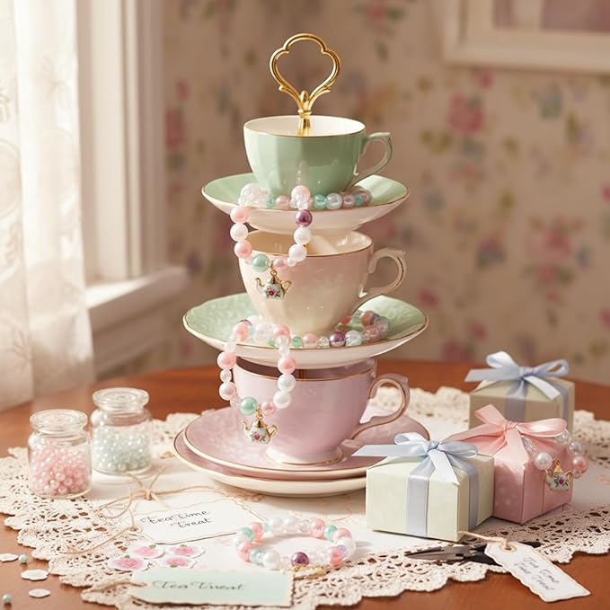 Ecally 6 Pcs Tea Party Favors Bracelet Bulk Mini Flower Tea Pot Beaded Bracelet Gift Party Supplies Pot Pendant Accessories Decorations for Kids Girl