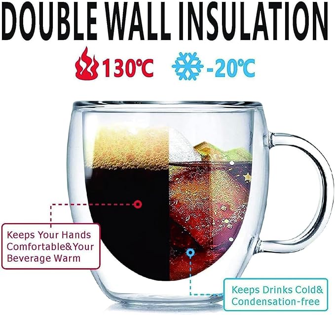 Espresso Cups Set Of 2, Double Walled Glass Coffee Mugs with Handle,Insulated Layer Coffee Cups,Clear Borosilicate Glass Mugs,Perfect for Cappuccino,Tea,Latte,Espresso (8oz-4Pack)