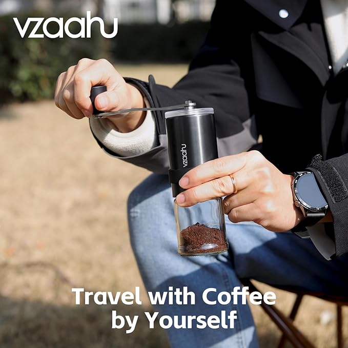 Vzaahu Portable Manual Coffee Grinder - Adjustable Ceramic Burr with Fast Grinding, Compact & Lightweight for Camping, Hiking, Travel - Perfect for French Press, Americano Lovers