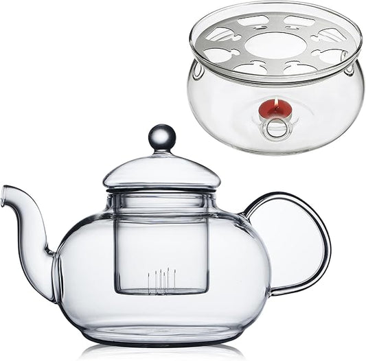 CnGlass 33.8oz Glass Teapot with Removable Infuser,Stovetop Safe Tea Kettle with Glass Tea Warmer 5.3 in/13.5cm Diameter