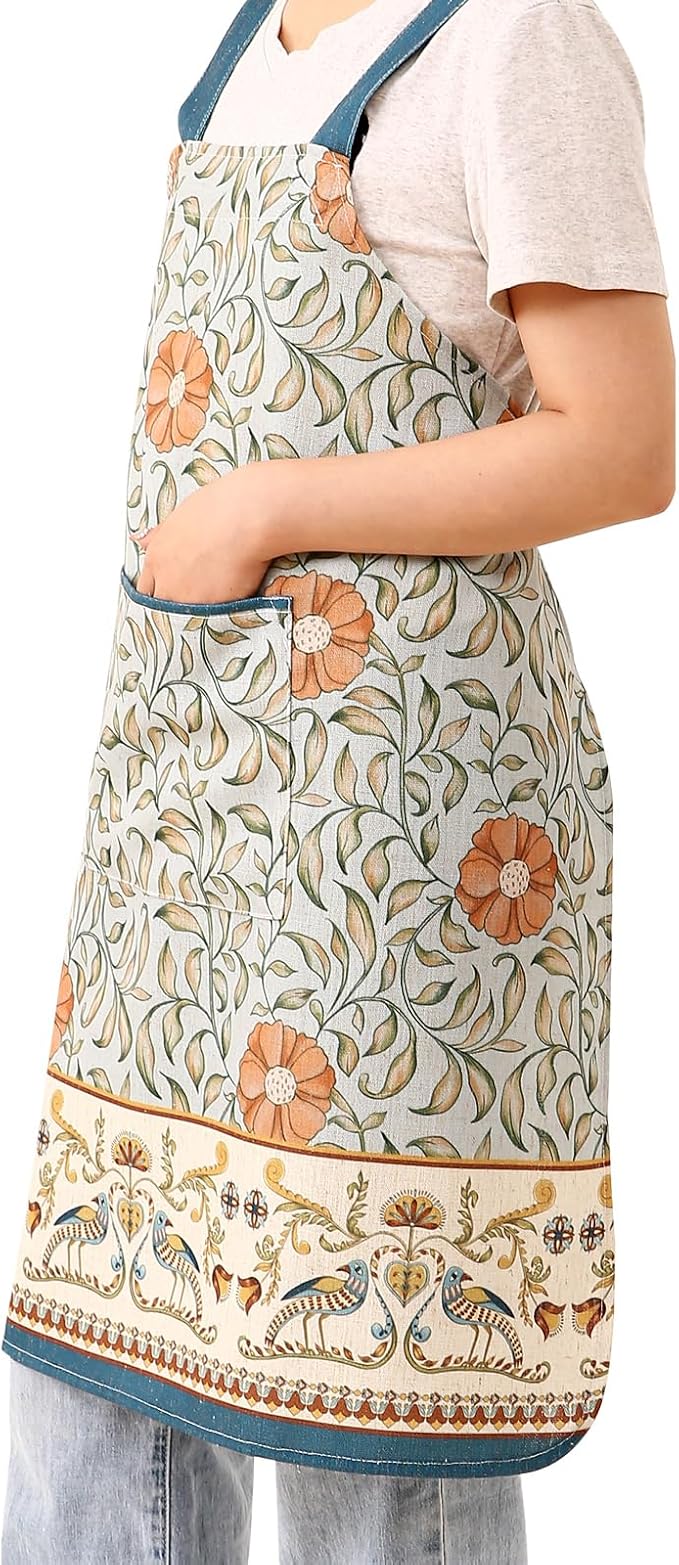 patdrea Blue Floral Linen Apron with Pocket,French Kitchen Garden Chef BBQ Aprons for Women and Men,Crisscross Back Straps - Image 3