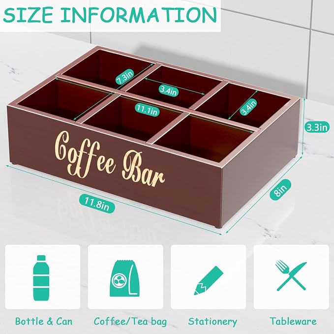 Coffee Station Organizer for Countertop, Wooden Coffee Bar Organizer with Removable Dividers, Farmhouse Coffee Pod Holder Storage Basket for Cocoa Tea Cup Dispenser, Coffee Bar Accessories Storage - Image 2