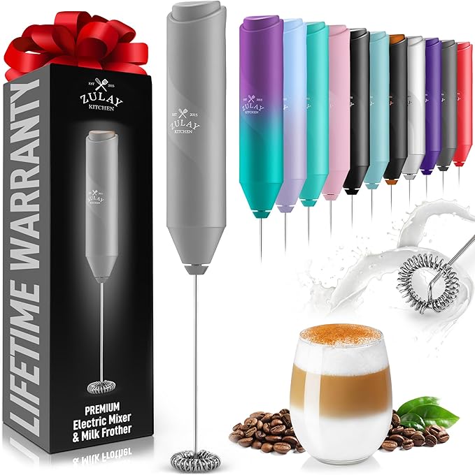 Zulay Kitchen Powerful Milk Frother Wand - Handheld Stainless Steel - Battery Operated Drink Mixer for Coffee, Lattes, Cappuccino, Matcha - Froth Mate Frother Gift - Gray