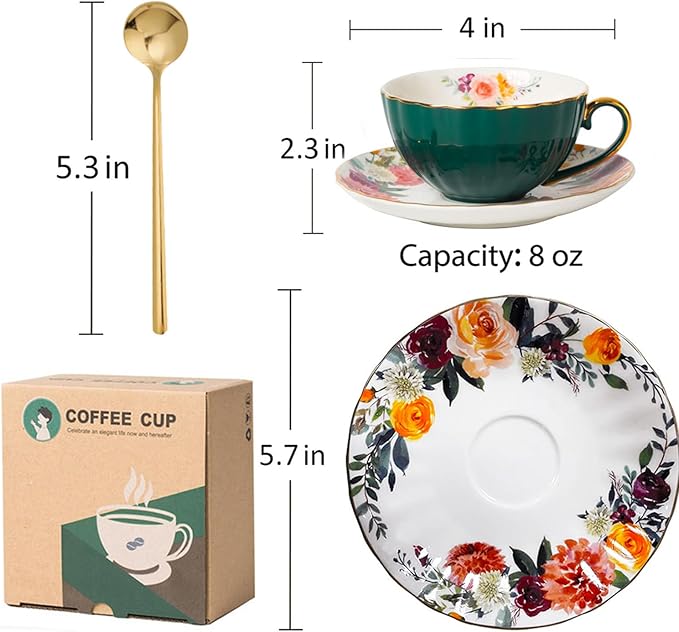ONEUSTAR Tea Cup and Saucer Set for 1 Bone China Floral Teacup with Spoon 8 oz Coffee Cup Cappuccino Latte Mug for Birthday Christmas Gift, Green
