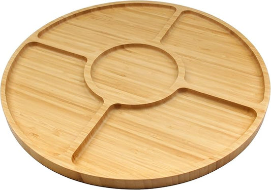 BambooMN Natural 15" Bamboo Round 5 Compartment Serving Tray/Platter, Charcuterie Board, Perfect for Snacks, Party Platter, Appetizers - 1 Tray