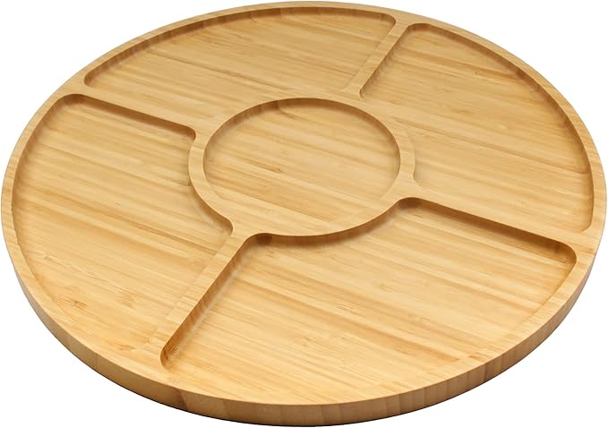 BambooMN Natural 15" Bamboo Round 5 Compartment Serving Tray/Platter, Charcuterie Board, Perfect for Snacks, Party Platter, Appetizers - 10 Trays