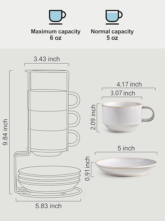 Gomakren 6 Ounce Cappuccino Cups with Saucers and Metal Stand, Stackable Coffee Cup Set of 4, Valentine Porcelain Espresso Cups for Coffee Drinks, Cappuccino, Latte, Americano, Tea, White