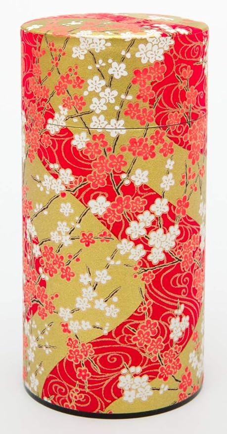 Washi Paper Tea Tin Canister: Long 7oz (200g) Plum-Blossoms with Sunrise Glow (#48), Japan