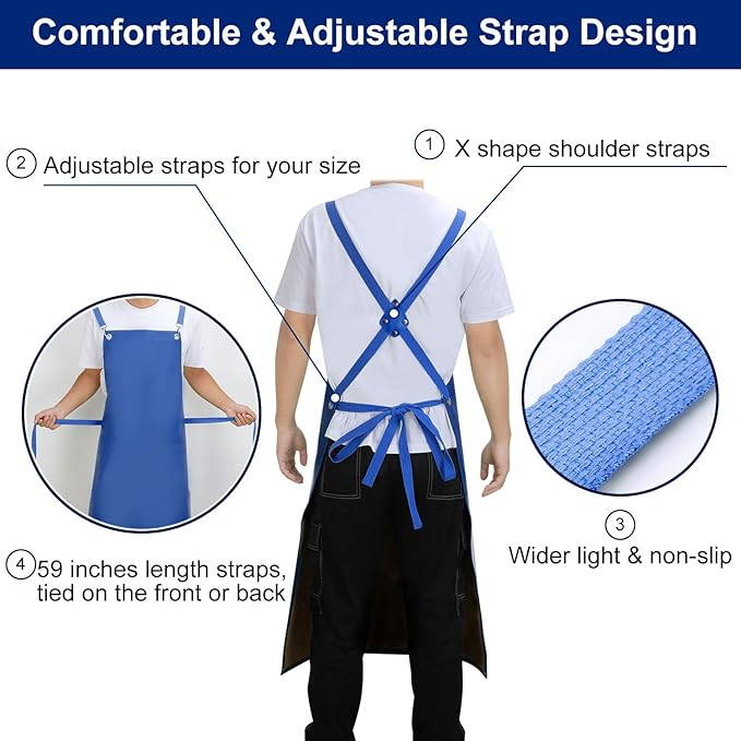 SHEOMERN Heavy Duty Vinyl Industrial Anti-Tear Apron, 43" x 26" Waterproof, Chemical Resistant, Blue, Unisex-Adults