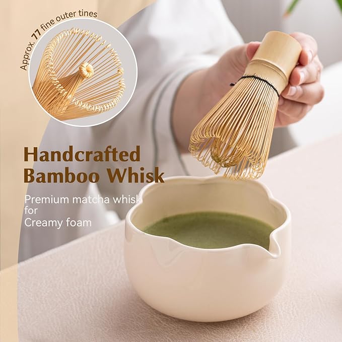 Matcha Set, 8Pcs Floral Ceramic Matcha Kit with Matcha Whisk, Holder, Scoop, Scoop Rest, Sifter, Spoon and Tea Towel - Thoughtful Matcha Whisk Set Gift for Matcha Lovers (Beige)