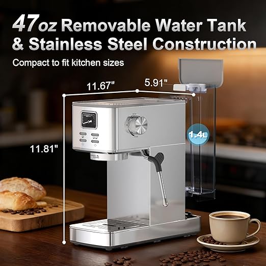 Espresso Machine 20 Bar, Stainless Steel Coffee Machine with Steam Milk Frother & 47oz Removable Water Tank, Hot Water Function for Home Cappuccino, Latte