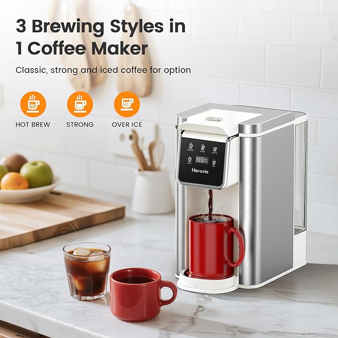 Single Serve Coffee Maker for K-Cup Pod & Grounds, Hot and Iced Coffee Maker, Strong Button Feature, 6 to 14oz Brew Sizes, 50oz Removable Reservoir, Fit 6.5" Mugs, Stainless Steel, White