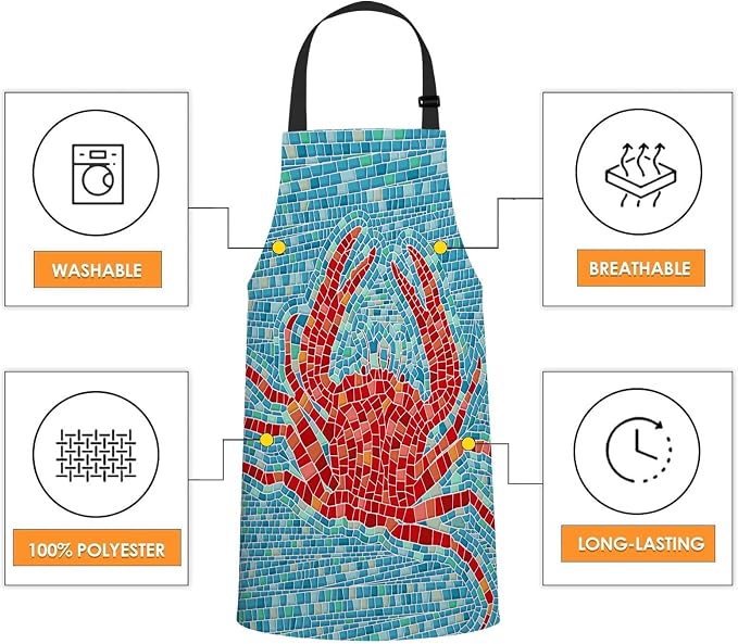 Red Crab Mosaic Kitchen Apron for Women Men, Unisex Adjustable Cooking Apron, Waterproof Apron for Home Kitchen, Restaurant, Coffee House - Image 4