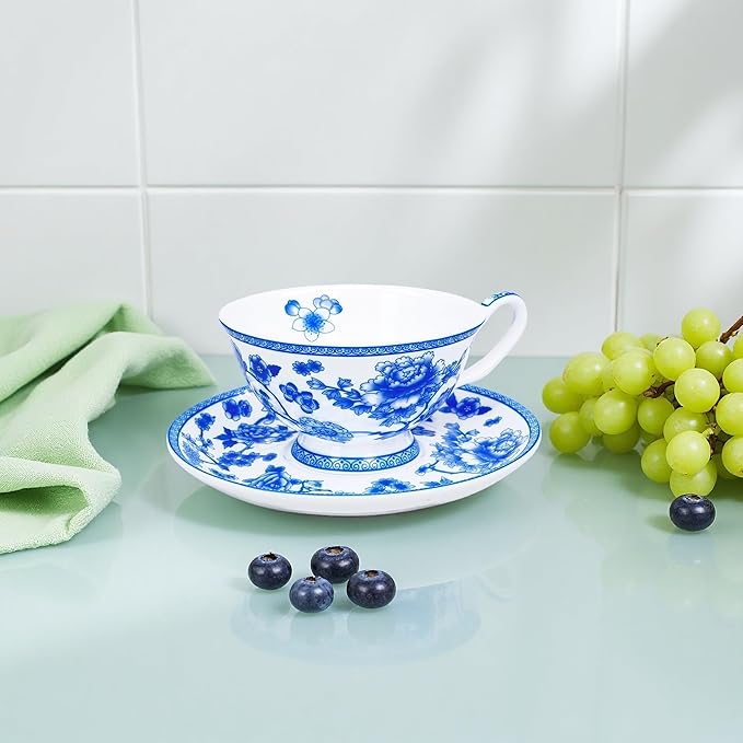 Tea cup and Saucer Set Royal Garden Style Tea Coffee Cup with Saucer 7 Ounces Bone China Teacup and saucer Set (Blue and White)
