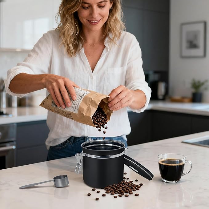 1.2L Airtight Vacuum Coffee Canister, Stainless Steel Storage Container for Coffee Beans and Grounds with Scoop.Suitable for coffee powder, coffee beans, rice, tea leaves, sugar, flour, and grains