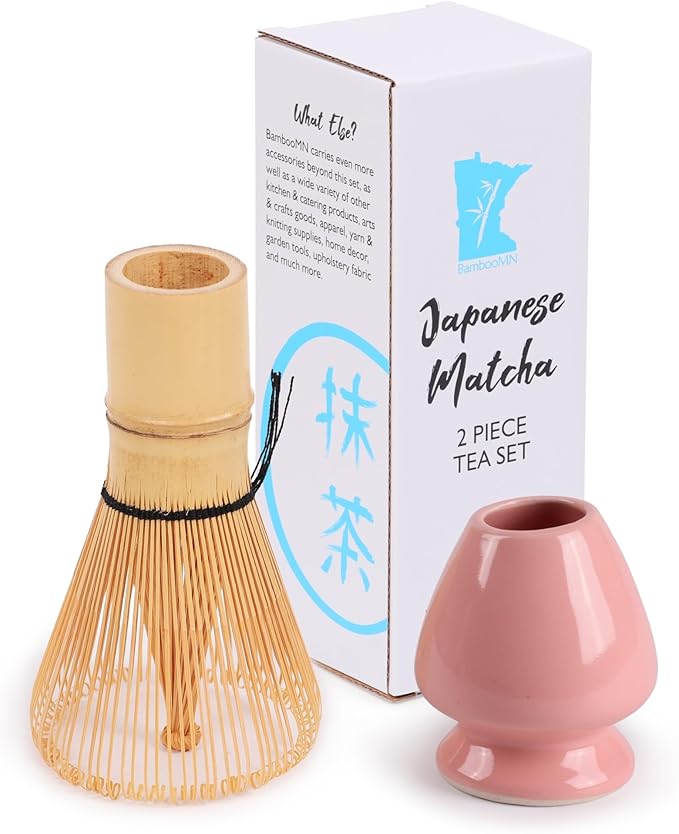 Matcha Tea Bamboo Whisk And Ceramic Rest 2 Piece Set - Pink Holder - 1 Set