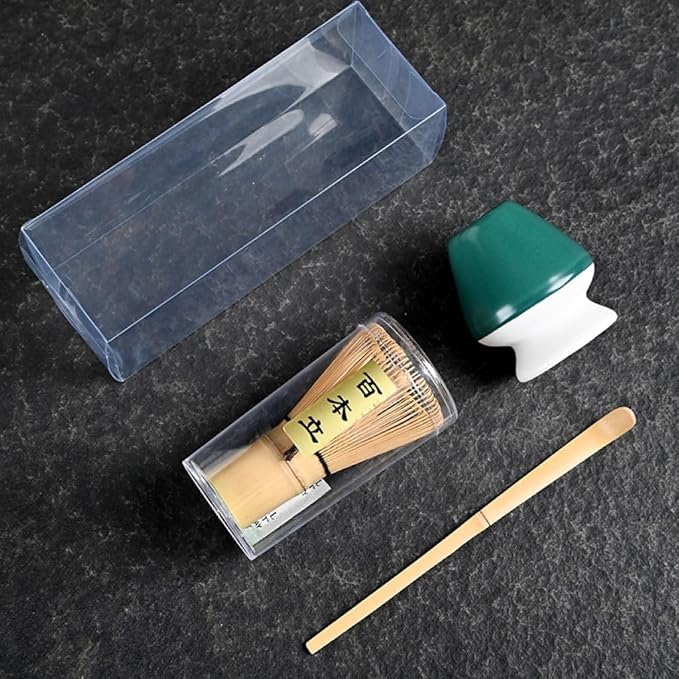 Japanese Matcha Tea Set, Bamboo Whisk (Chasen) + Matcha Scoop (Chashaku)+Ceramic Whisk Holder,fit for Japanese Tea Matcha Tea,Matcha Latte Accessories (N)