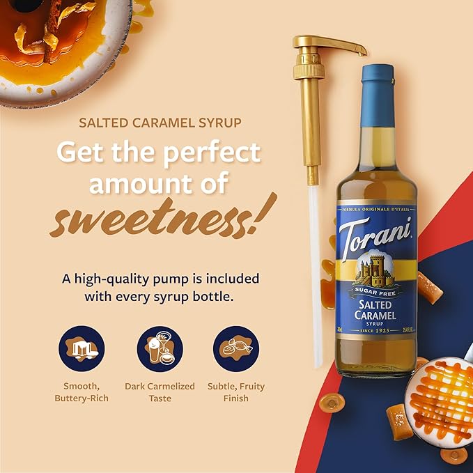Torani Sugar Free Coffee Syrup, Salted Caramel 3-Pack, Zero-Calorie Flavoring for Drinks, Pumps Included, 25.4 Fl Oz Ea