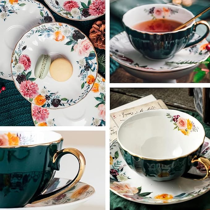 ONEUSTAR Tea Cup and Saucer Set for 1 Bone China Floral Teacup with Spoon 8 oz Coffee Cup Cappuccino Latte Mug for Birthday Christmas Gift, Green