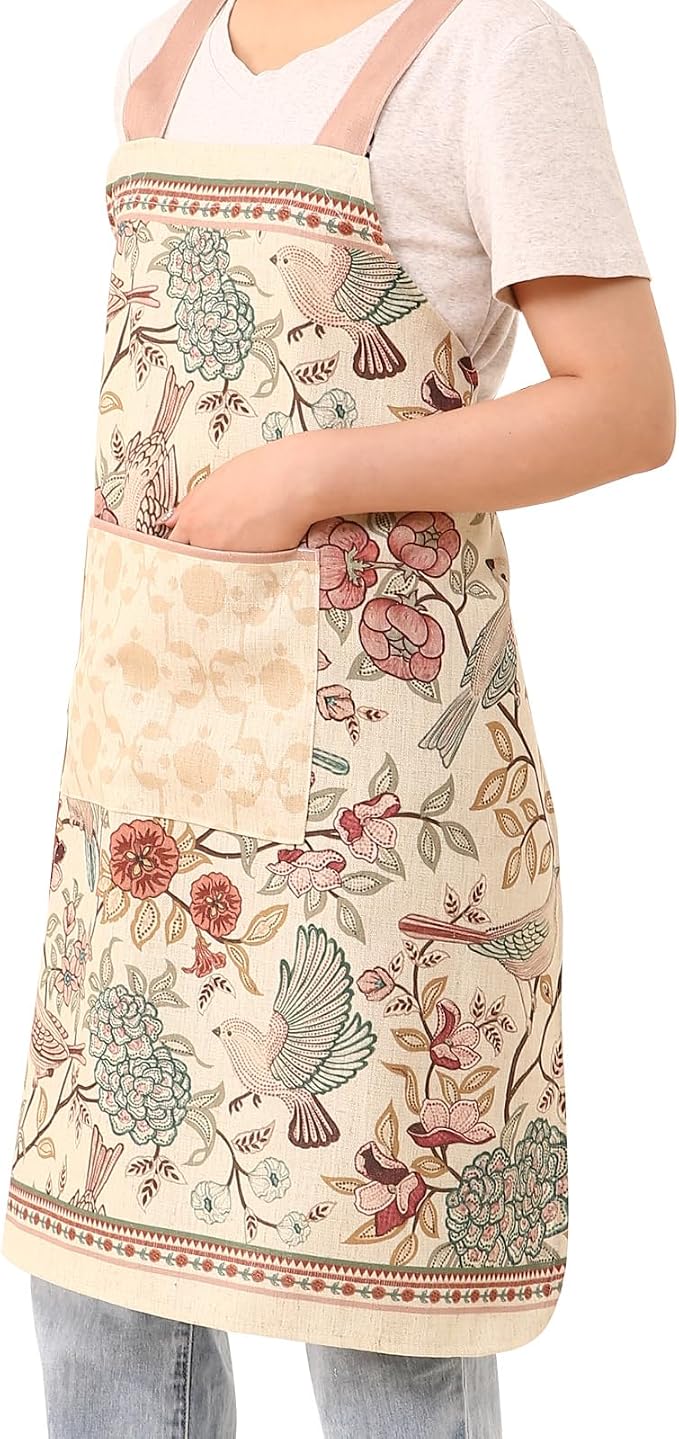 patdrea Blue Floral Linen Apron with Pocket,French Kitchen Garden Chef BBQ Aprons for Women and Men,Crisscross Back Straps - Image 3