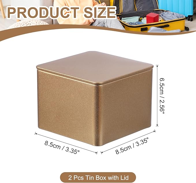 PATIKIL Metal Tea and Tin Set 3.35"x3.35"x2.56", 2 Pcs Metal Storage Airtight Storage Square Container with Lid for Loose Tea Coffee Candy Treats Gifts Spice DIY, Champagne