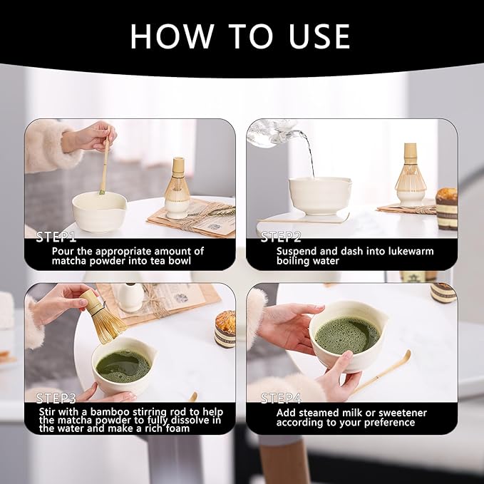 Matcha Tea Set – Traditional Japanese Ceremony Kit with 18.5OZ Ceramic Bowl, Bamboo Whisk, Scoop, and Holder – Ideal for Authentic Matcha Preparation and Gifting (Cream White)