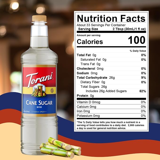 Torani Cane Sugar Sweetener Coffee Syrup 1 Liter Bottle with Pump Dispenser – Pure Cane Sugar Flavoring Syrup for Lattes, Teas, Cocktails, Cold Brews & Desserts – Barista Quality - Image 2