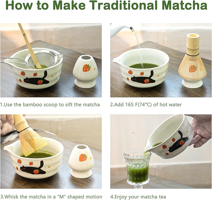 Matcha Whisk Set, 5 Pcs Traditional Japanese Matcha Whisk Preparation Kit, White Glossy Ceramic Bowl with Black Cat and Strawberry Pattern