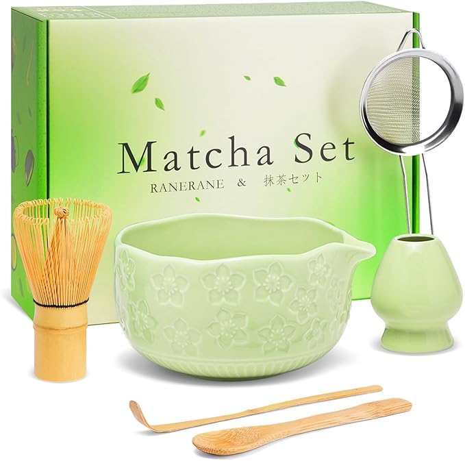 Matcha Whisk Set, Sakura Green Ceramic Matcha Set Includes Matcha Bowl, Matcha Whisk (Chasen) and Holder, Sifter, Bamboo Scoop & Spoon - 6 Pcs Matcha Kit for Matcha Lovers