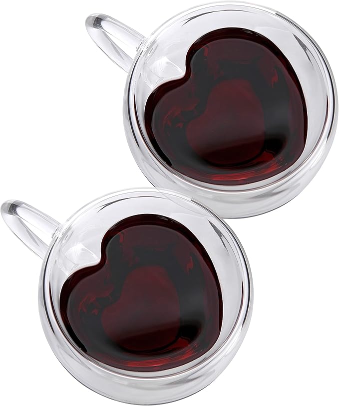 CNGLASS Double Wall Heart Shaped Glass Coffee Mugs 5oz(Set of 2),Insulated Clear Tea Cups with Handle,Unique Glass Espresso Mugs for Coffee,Cappuccino,Latte,Milk