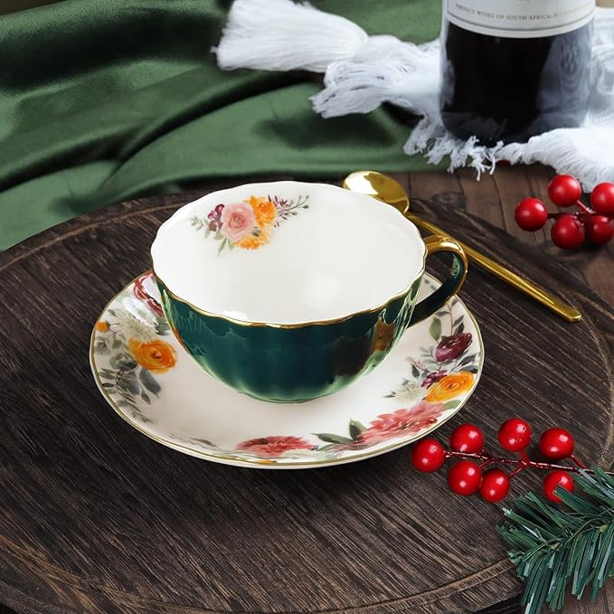 ONEUSTAR Tea Cup and Saucer Set for 1 Bone China Floral Teacup with Spoon 8 oz Coffee Cup Cappuccino Latte Mug for Birthday Christmas Gift, Green