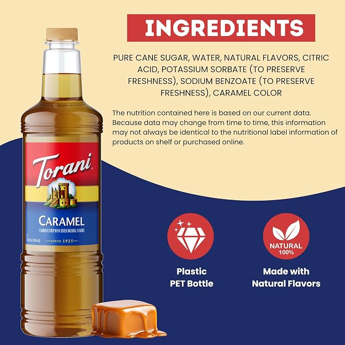 Torani Caramel Syrup 1 Liter Bottle with Pump – Premium Coffee Flavoring Made with Pure Cane Sugar & Natural Flavors for Lattes, Frappes, Desserts, Cocktails & More – Café-Quality Sweetener - Image 6