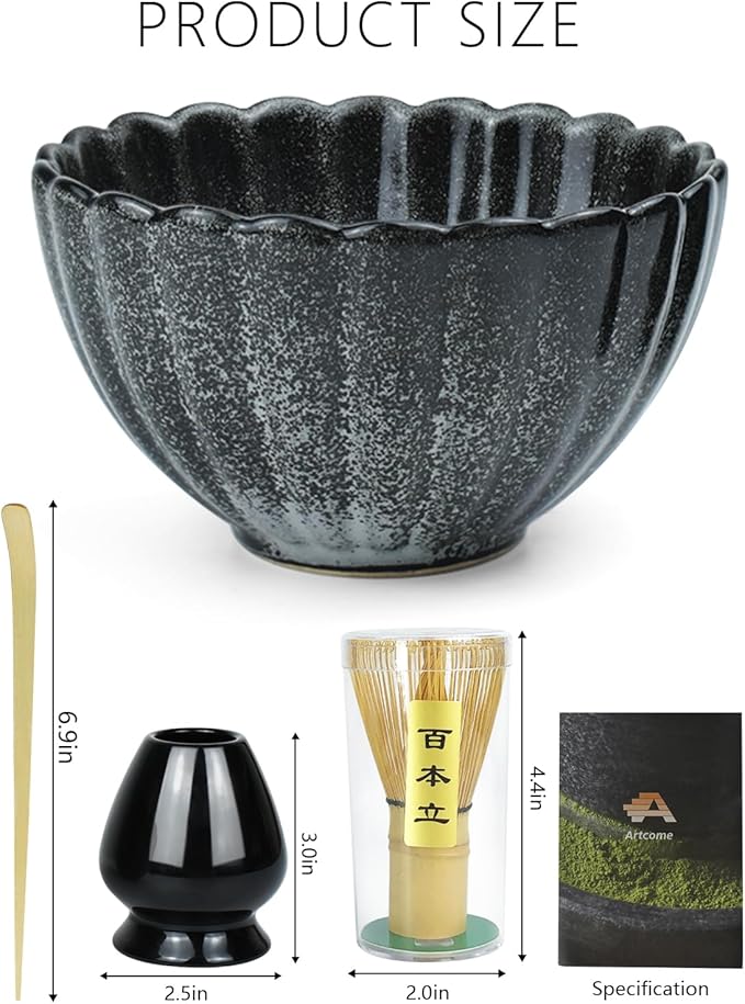 Artcome Matcha Tea Set - 17oz Petal-Shaped Matcha Bowl, Bamboo Whisk, Scoop, Whisk Holder & Brewing Guide - Japanese Tea Ceremony Tools for a Perfect Matcha Experience, Black