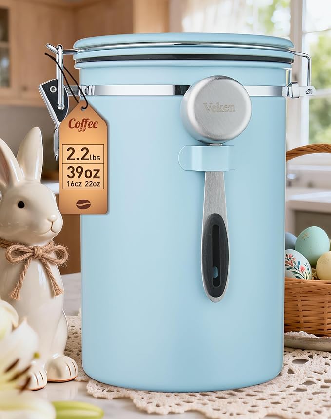 Veken Coffee Canister, 39OZ Large, Airtight Stainless Steel Food Storage Container for 2.2lbs Coffee Beans, Ground, Sugar, Tea, Cookie, Flour, Kitchen Bar Accessories with Date Tracker & Scoop, Blue