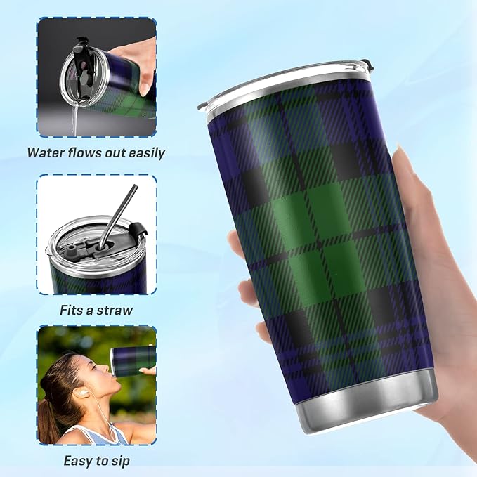 Tumbler Tartan Plaid Green Blue Insulated Coffee Cup Beverage Container Travel Mug with Straw and Lid Double Wall Stainless Steel 20oz BPA-Free for Sport, Back to School
