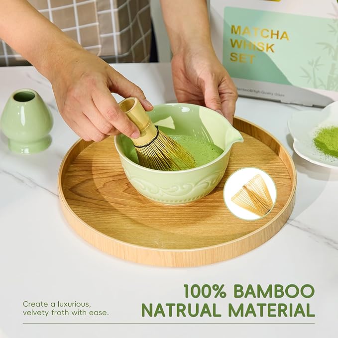 7-Pcs Matcha Whisk Set, Matcha Kit Set Includes Bowl With Spout, 100% Natural Bamboo Whisk, Japanese Ceremony Matcha Tea Making Tools - Ideal Gift Christmas, Birthday（Lucky Green）