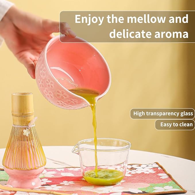 8-Piece Matcha Ceremony Set - Tea Kit with Cherry Blossom Bowl, Bamboo Whisk, Wood Scoops, Tea Cloth & Floral Display - Gift-Ready Pink Cherry color box (pink)